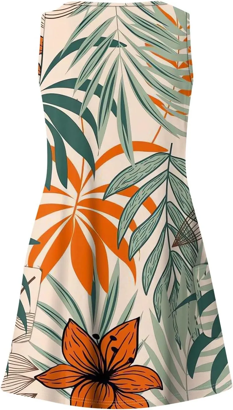 Women's Cocktail Dresses 2025 Beach Casual Sleeveless Floral Print Summer Dress Tank Loose Sundress with Pocket