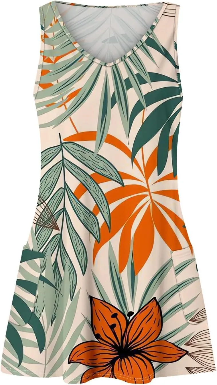 Women's Cocktail Dresses 2025 Beach Casual Sleeveless Floral Print Summer Dress Tank Loose Sundress with Pocket