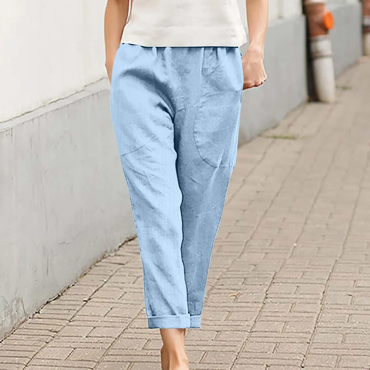 Womens Cotton Linen Cropped Pants Elastic High Waist Folded Hem Pants Casual Summer Trousers with Pockets