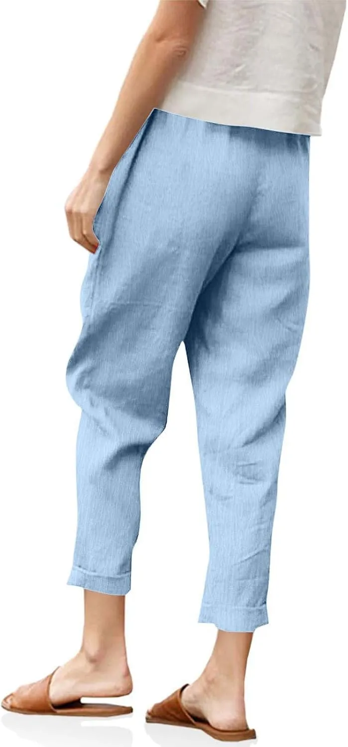 Womens Cotton Linen Cropped Pants Elastic High Waist Folded Hem Pants Casual Summer Trousers with Pockets