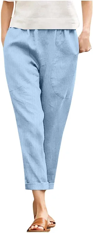 Womens Cotton Linen Cropped Pants Elastic High Waist Folded Hem Pants Casual Summer Trousers with Pockets