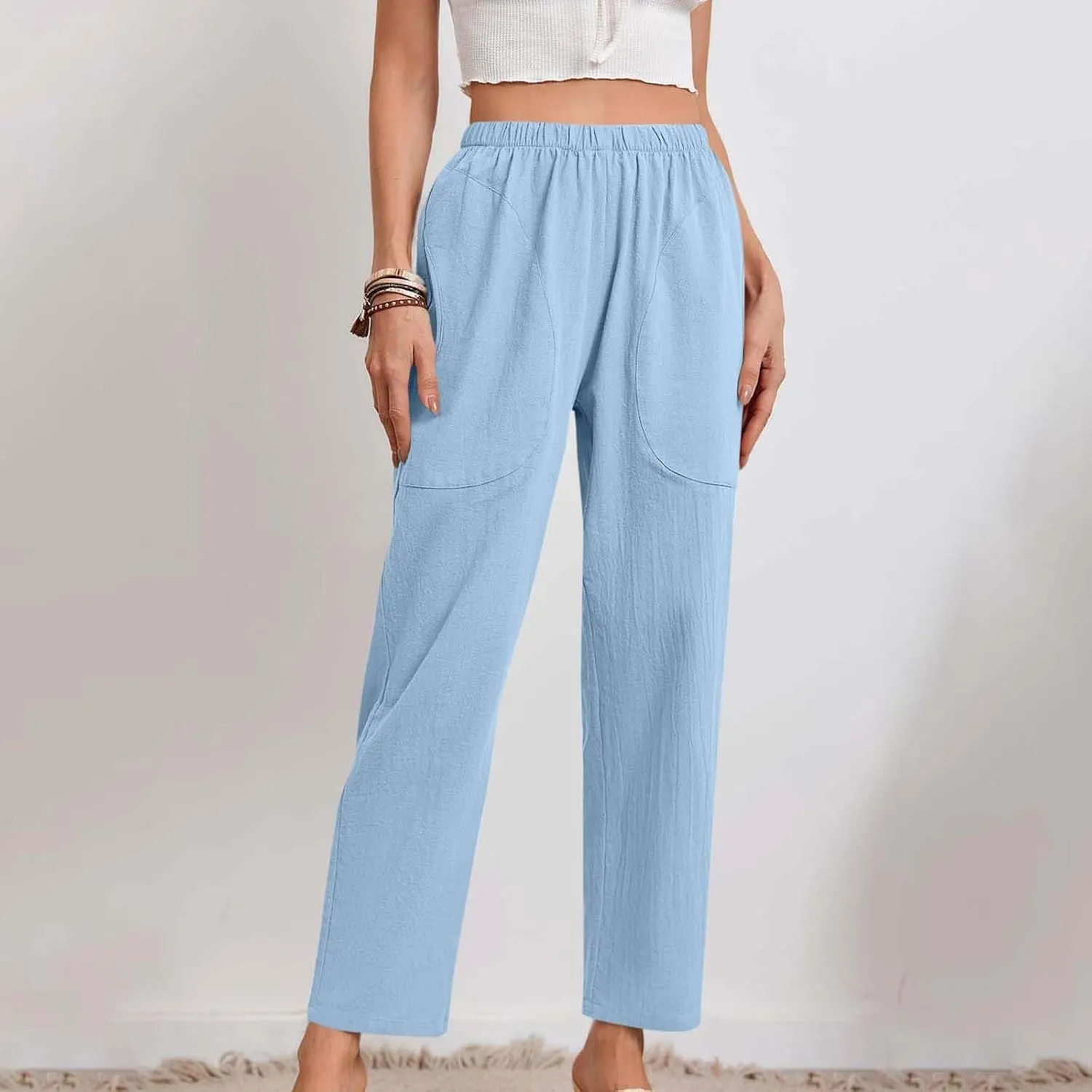 Womens Cotton Linen Cropped Pants Elastic High Waist Folded Hem Pants Casual Summer Trousers with Pockets