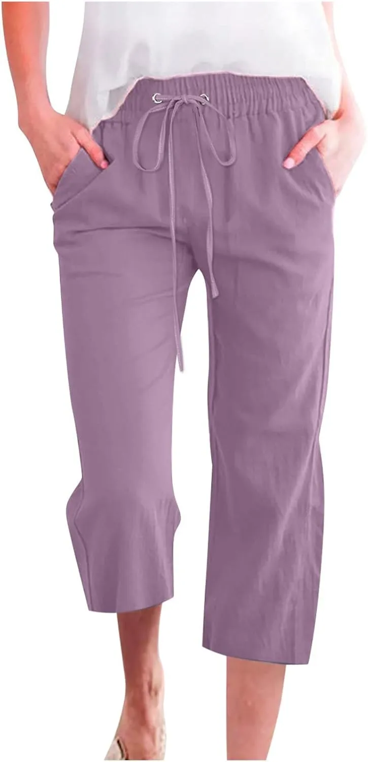 Womens Cotton Linen Pants 2025 Summer Casual Trendy Drawstring Capri Yoga Straight Leg Soft Trousers with Pockets