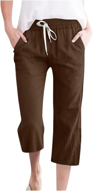 Womens Cotton Linen Pants 2025 Summer Casual Trendy Drawstring Capri Yoga Straight Leg Soft Trousers with Pockets