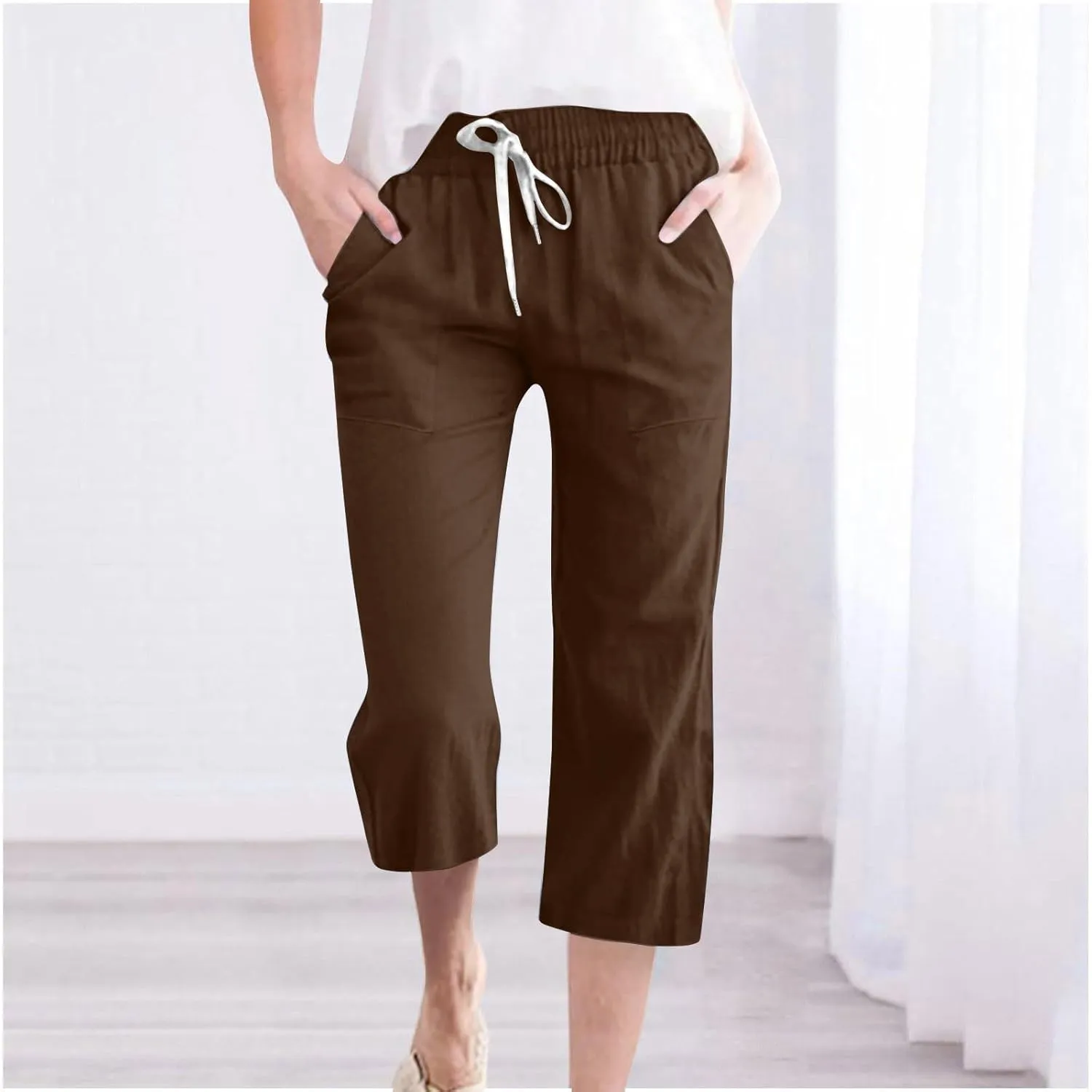 Womens Cotton Linen Pants 2025 Summer Casual Trendy Drawstring Capri Yoga Straight Leg Soft Trousers with Pockets