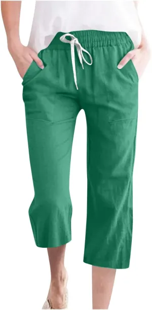 Womens Cotton Linen Pants 2025 Summer Casual Trendy Drawstring Capri Yoga Straight Leg Soft Trousers with Pockets