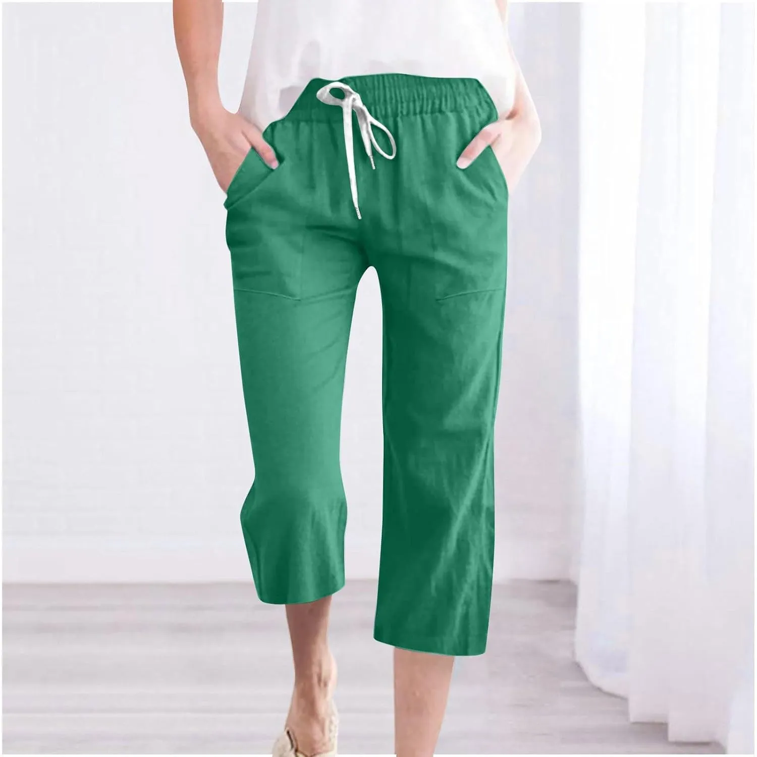 Womens Cotton Linen Pants 2025 Summer Casual Trendy Drawstring Capri Yoga Straight Leg Soft Trousers with Pockets