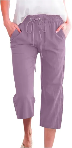 Womens Cotton Linen Pants 2025 Summer Casual Trendy Drawstring Capri Yoga Straight Leg Soft Trousers with Pockets