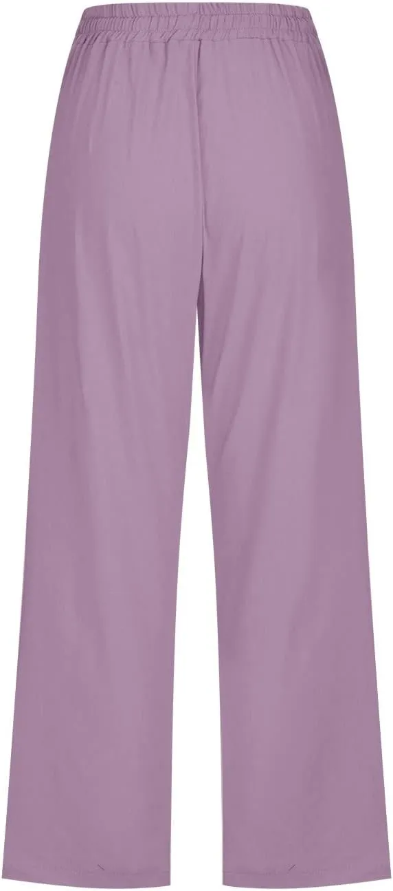 Womens Cotton Linen Pants 2025 Summer Casual Trendy Drawstring Capri Yoga Straight Leg Soft Trousers with Pockets
