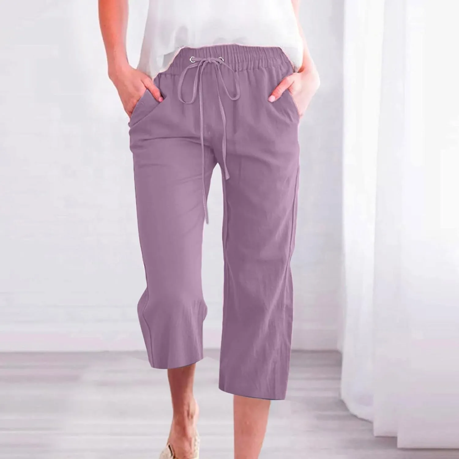 Womens Cotton Linen Pants 2025 Summer Casual Trendy Drawstring Capri Yoga Straight Leg Soft Trousers with Pockets