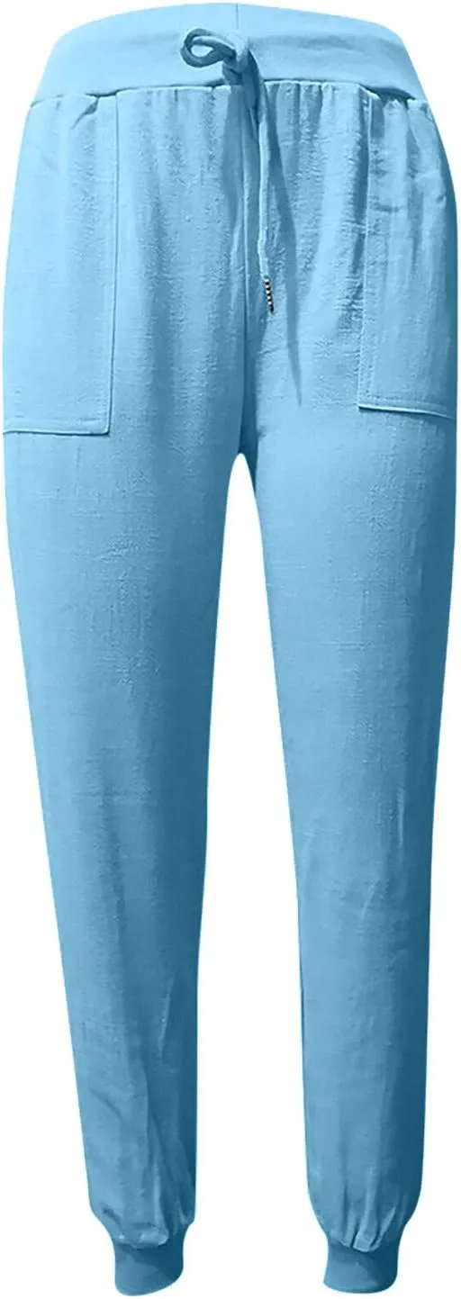 Womens Cotton Linen Pants 2025 Summer Casual Trendy Drawstring High Waist Loose Fit Wide Leg Trousers with Pockets