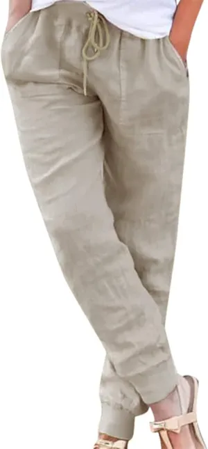 Womens Cotton Linen Pants 2025 Summer Casual Trendy Drawstring High Waist Loose Fit Wide Leg Trousers with Pockets
