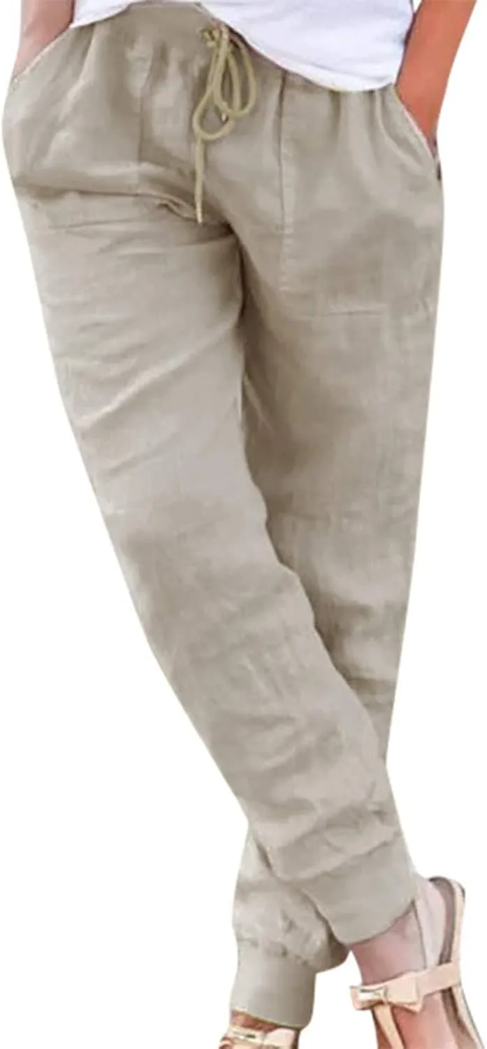 Womens Cotton Linen Pants 2025 Summer Casual Trendy Drawstring High Waist Loose Fit Wide Leg Trousers with Pockets