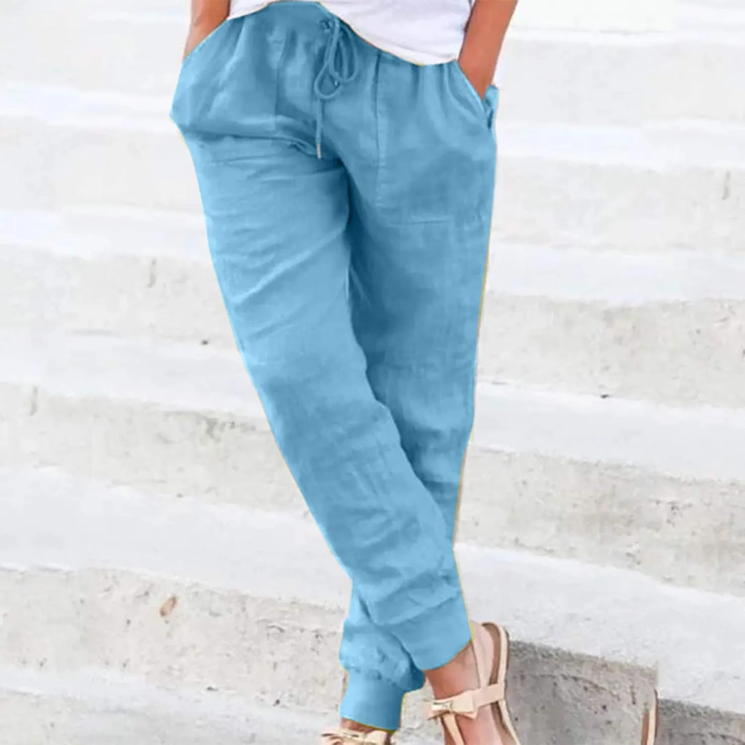 Womens Cotton Linen Pants 2025 Summer Casual Trendy Drawstring High Waist Loose Fit Wide Leg Trousers with Pockets
