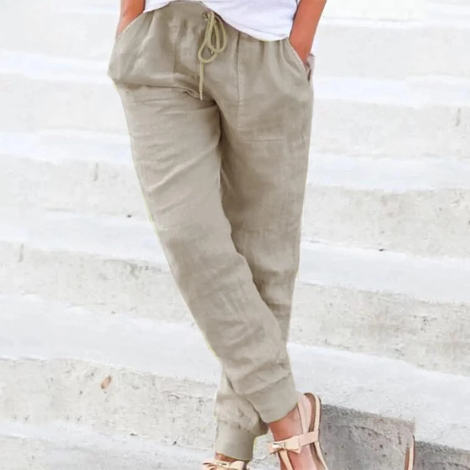 Womens Cotton Linen Pants 2025 Summer Casual Trendy Drawstring High Waist Loose Fit Wide Leg Trousers with Pockets