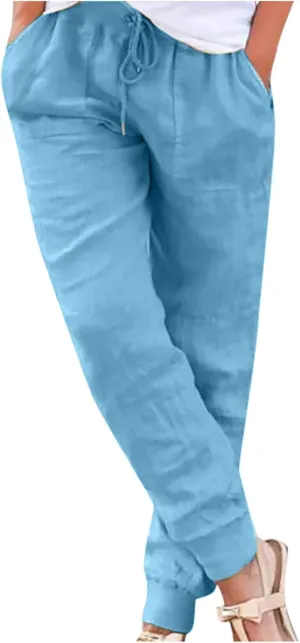 Womens Cotton Linen Pants 2025 Summer Casual Trendy Drawstring High Waist Loose Fit Wide Leg Trousers with Pockets