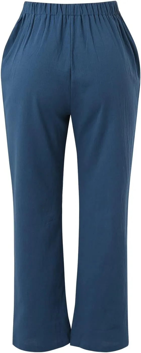 Womens Cotton Linen Pants Casual Lightweight Summer Relax Fit Pants Elastic Waist Plus Size Lounge Long Trousers
