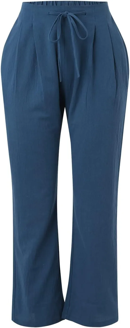 Womens Cotton Linen Pants Casual Lightweight Summer Relax Fit Pants Elastic Waist Plus Size Lounge Long Trousers