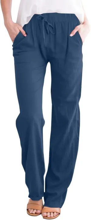 Womens Cotton Linen Pants Casual Lightweight Summer Relax Fit Pants Elastic Waist Plus Size Lounge Long Trousers
