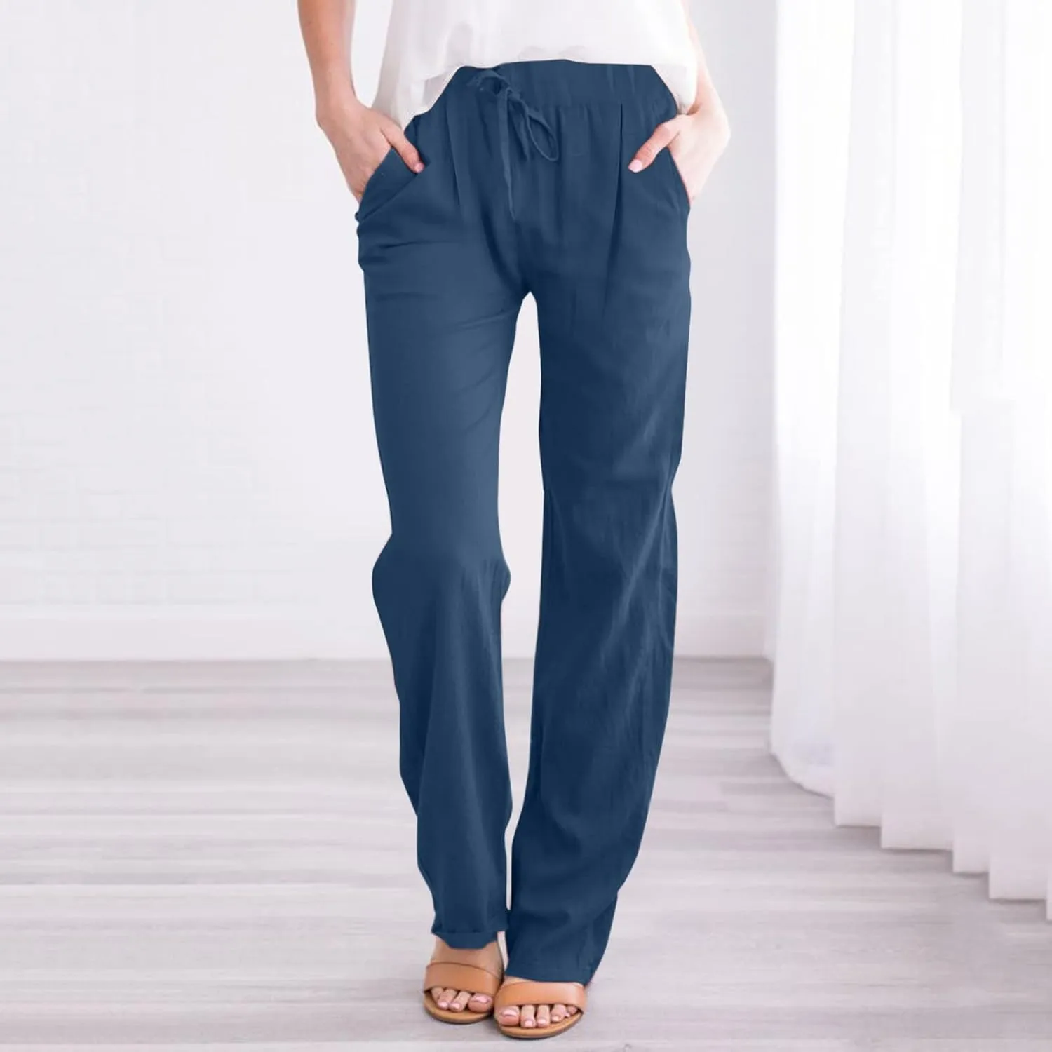 Womens Cotton Linen Pants Casual Lightweight Summer Relax Fit Pants Elastic Waist Plus Size Lounge Long Trousers