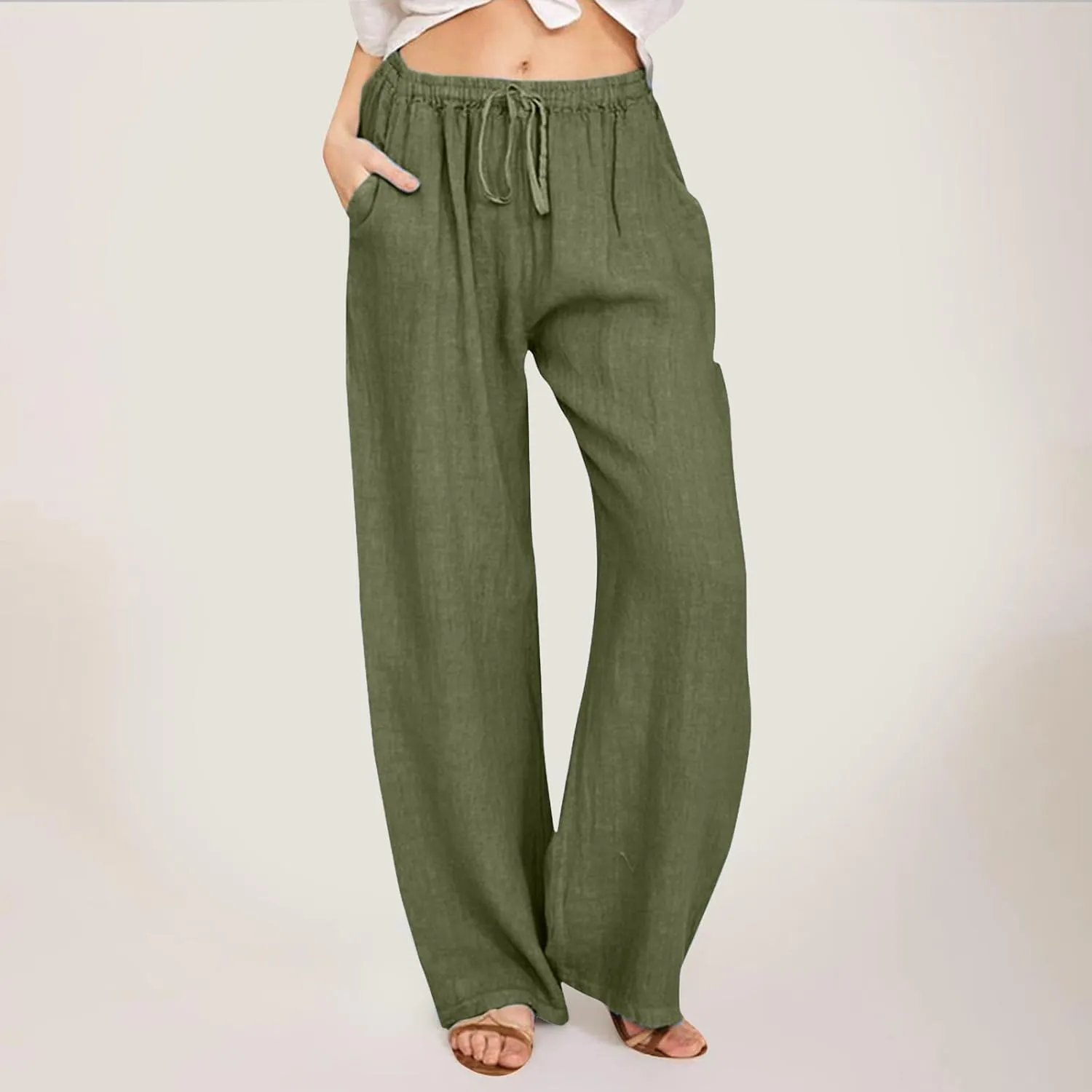 Womens Cotton Linen Pants Casual Trendy 2025 Summer High Waist Drawstring Wide Leg Trousers with Pockets
