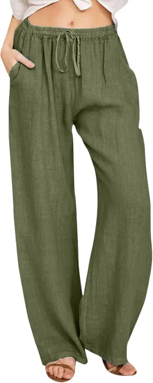 Womens Cotton Linen Pants Casual Trendy 2025 Summer High Waist Drawstring Wide Leg Trousers with Pockets