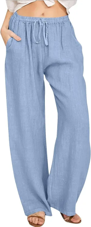 Womens Cotton Linen Pants Casual Trendy 2025 Summer High Waist Drawstring Wide Leg Trousers with Pockets