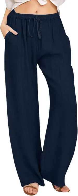 Womens Cotton Linen Pants Casual Trendy 2025 Summer High Waist Drawstring Wide Leg Trousers with Pockets