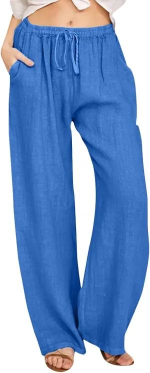 Womens Cotton Linen Pants Casual Trendy 2025 Summer High Waist Drawstring Wide Leg Trousers with Pockets
