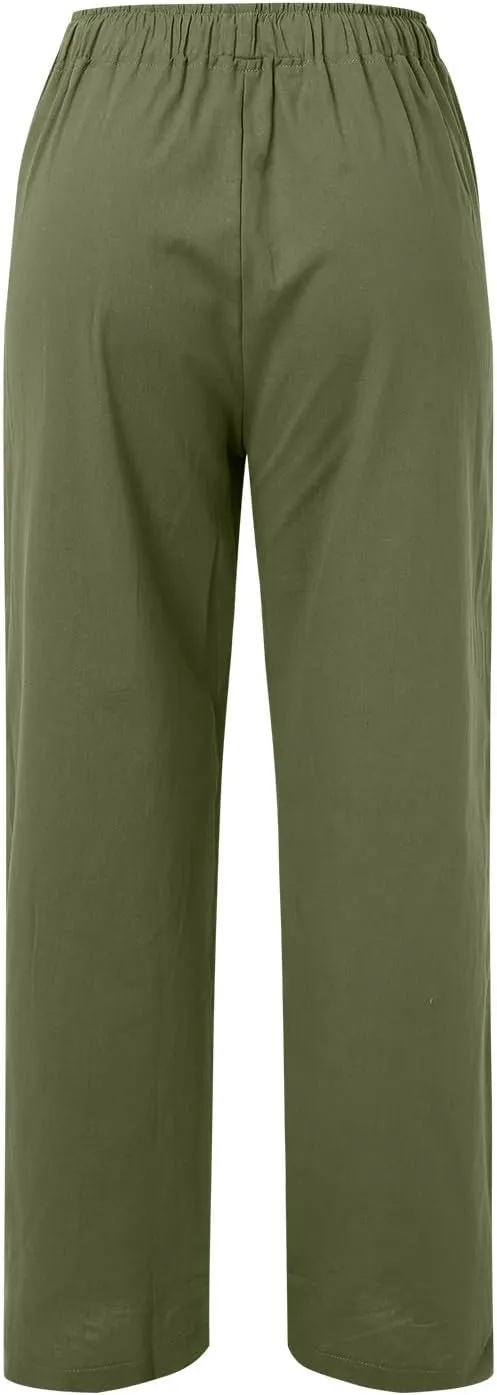 Womens Cotton Linen Pants Casual Trendy 2025 Summer High Waist Drawstring Wide Leg Trousers with Pockets