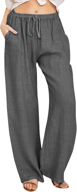 Womens Cotton Linen Pants Casual Trendy 2025 Summer High Waist Drawstring Wide Leg Trousers with Pockets
