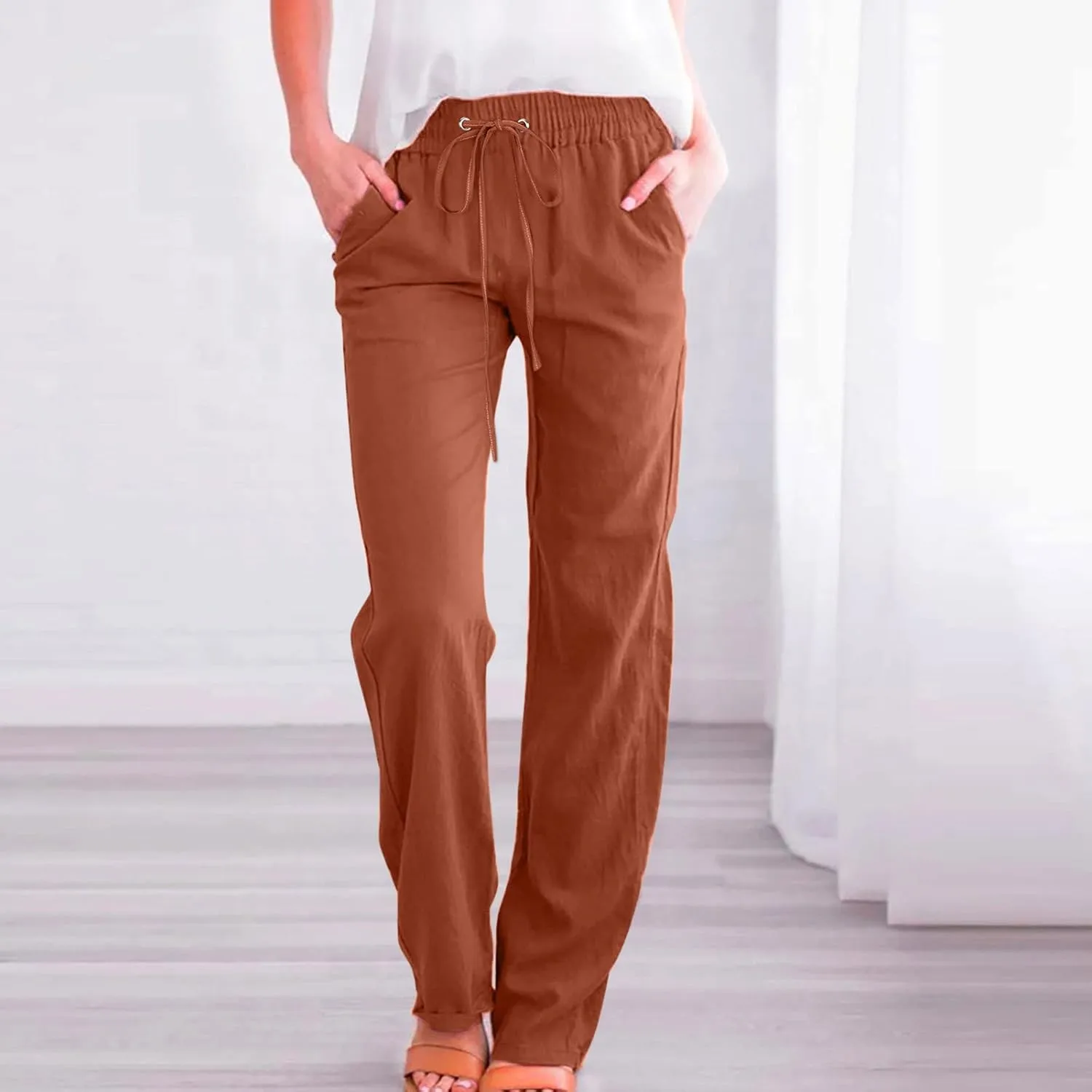 Womens Cotton Linen Pants Summer Casual Wide Leg Pants 2025 Trendy Drawstring Waist Straight Trousers with Pockets