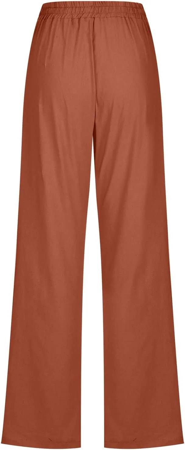 Womens Cotton Linen Pants Summer Casual Wide Leg Pants 2025 Trendy Drawstring Waist Straight Trousers with Pockets