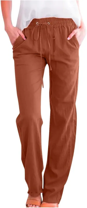 Womens Cotton Linen Pants Summer Casual Wide Leg Pants 2025 Trendy Drawstring Waist Straight Trousers with Pockets