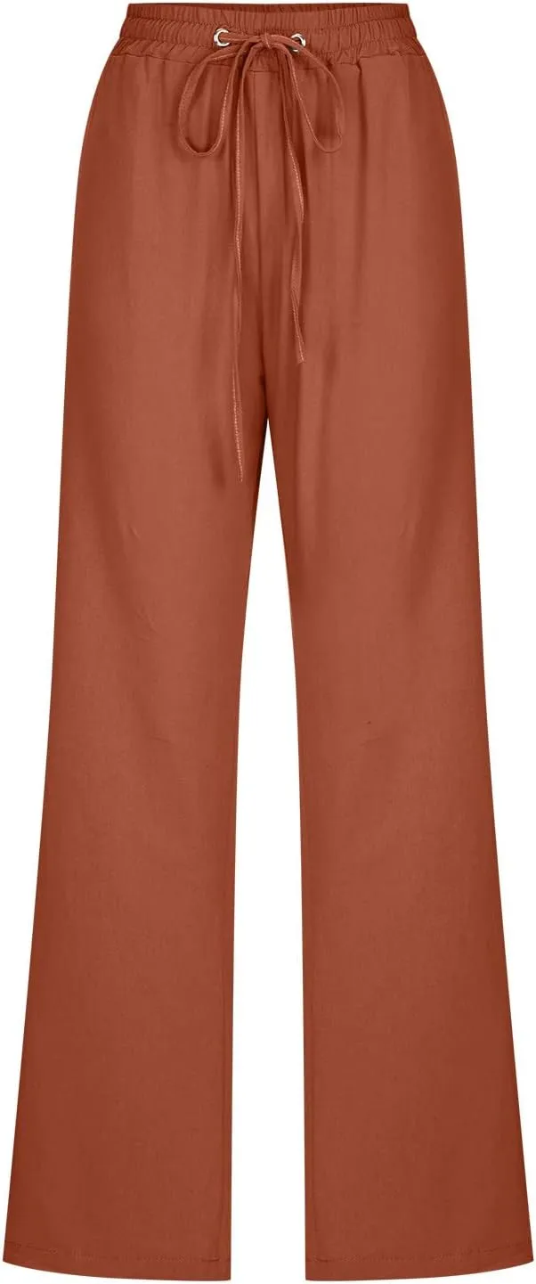Womens Cotton Linen Pants Summer Casual Wide Leg Pants 2025 Trendy Drawstring Waist Straight Trousers with Pockets