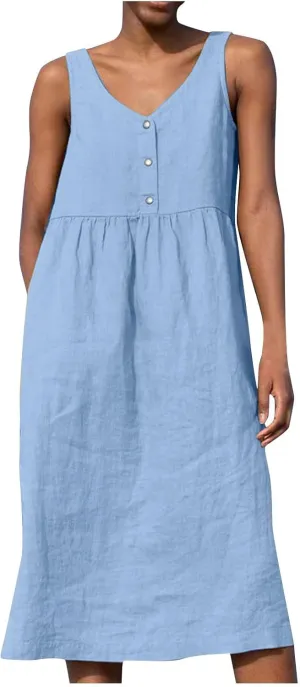 Womens Cotton Linen Sleeveless V Neck Midi Summer Dresses Casual Loose Tank Dress Solid Pleated Beach Sundresses
