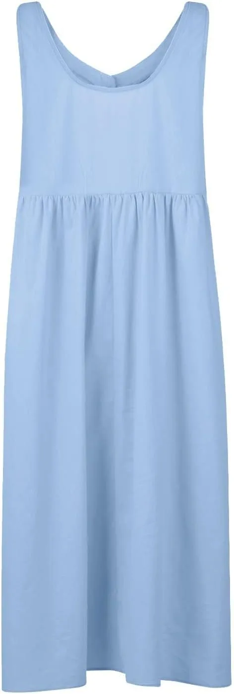 Womens Cotton Linen Sleeveless V Neck Midi Summer Dresses Casual Loose Tank Dress Solid Pleated Beach Sundresses