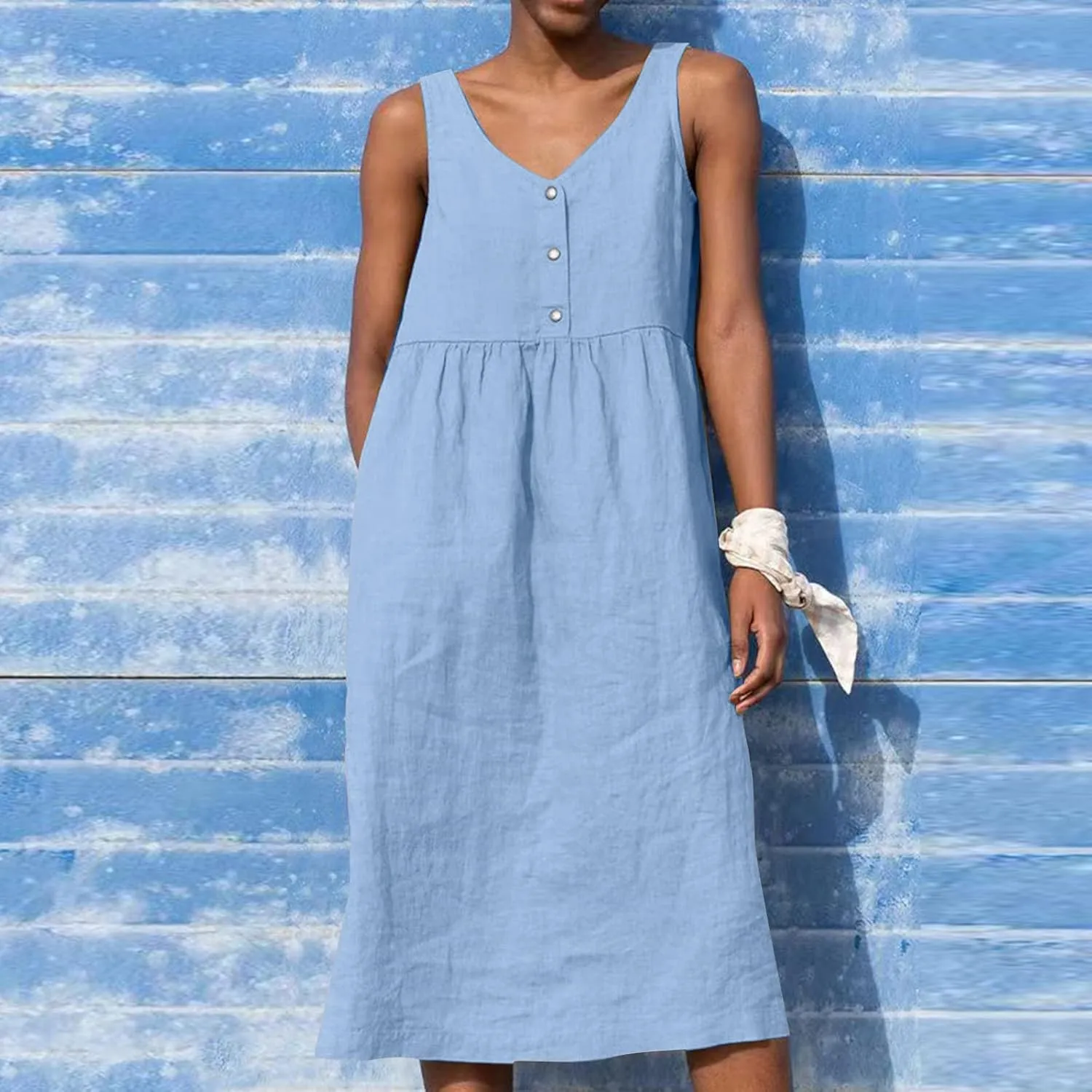 Womens Cotton Linen Sleeveless V Neck Midi Summer Dresses Casual Loose Tank Dress Solid Pleated Beach Sundresses
