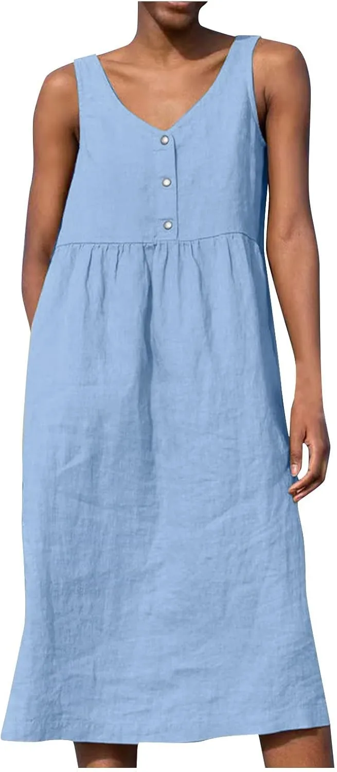 Womens Cotton Linen Sleeveless V Neck Midi Summer Dresses Casual Loose Tank Dress Solid Pleated Beach Sundresses