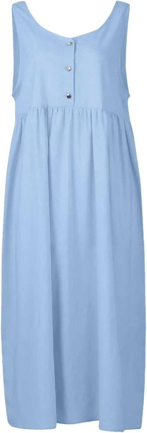 Womens Cotton Linen Sleeveless V Neck Midi Summer Dresses Casual Loose Tank Dress Solid Pleated Beach Sundresses