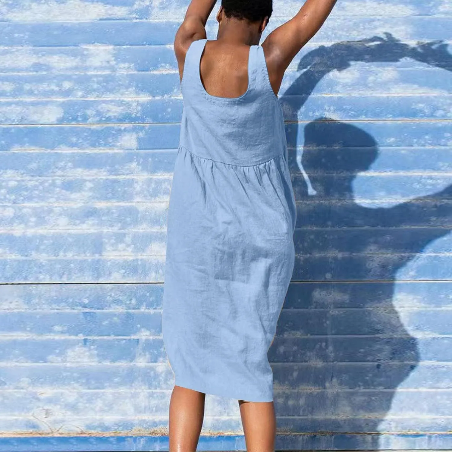 Womens Cotton Linen Sleeveless V Neck Midi Summer Dresses Casual Loose Tank Dress Solid Pleated Beach Sundresses