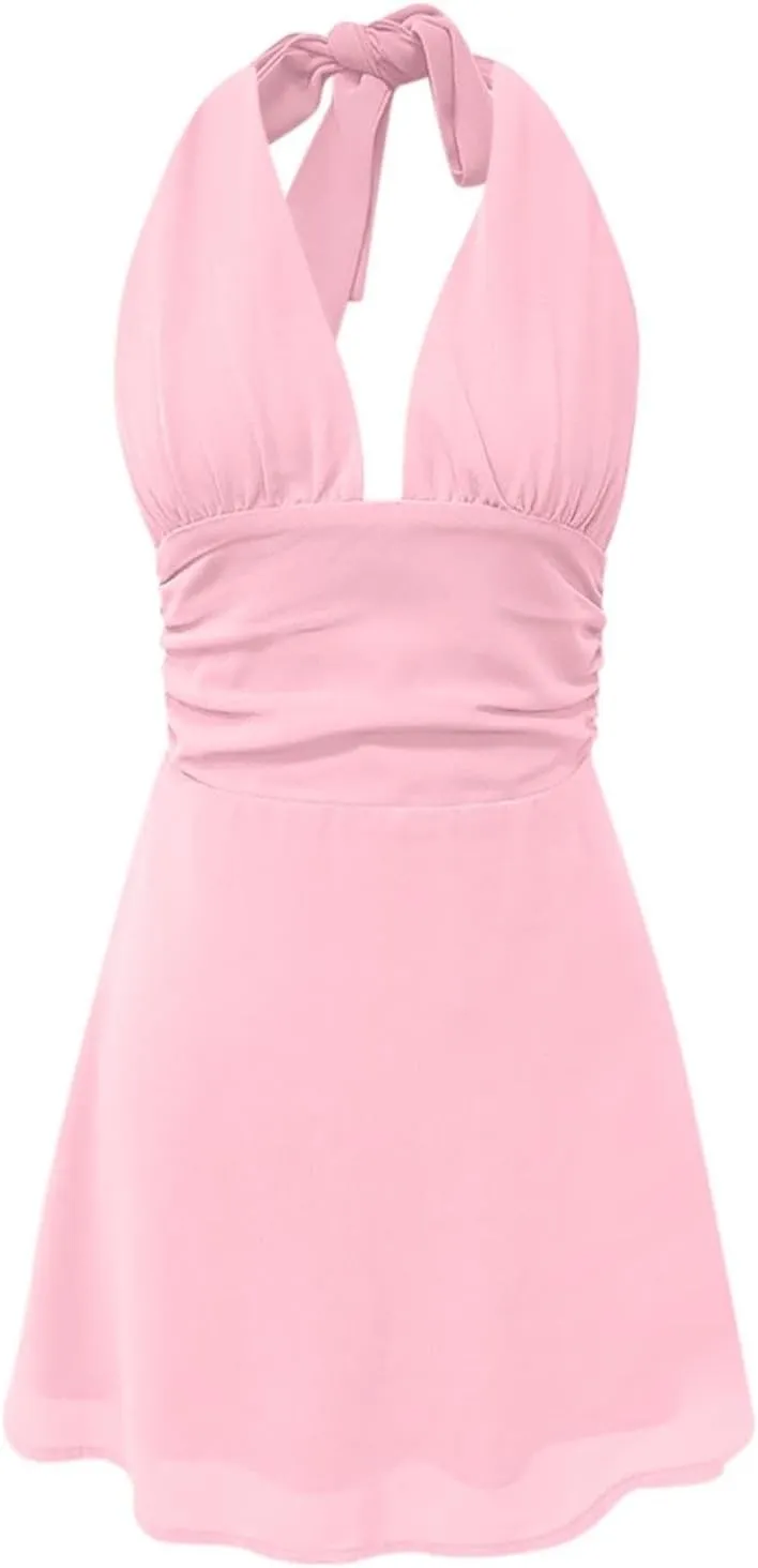 Womens Deep V Mini Dress Bow Tie Sleeveless Backless Ruched Flowy Wrap Ruffle Hem Short Sleeve Loose T Shirt