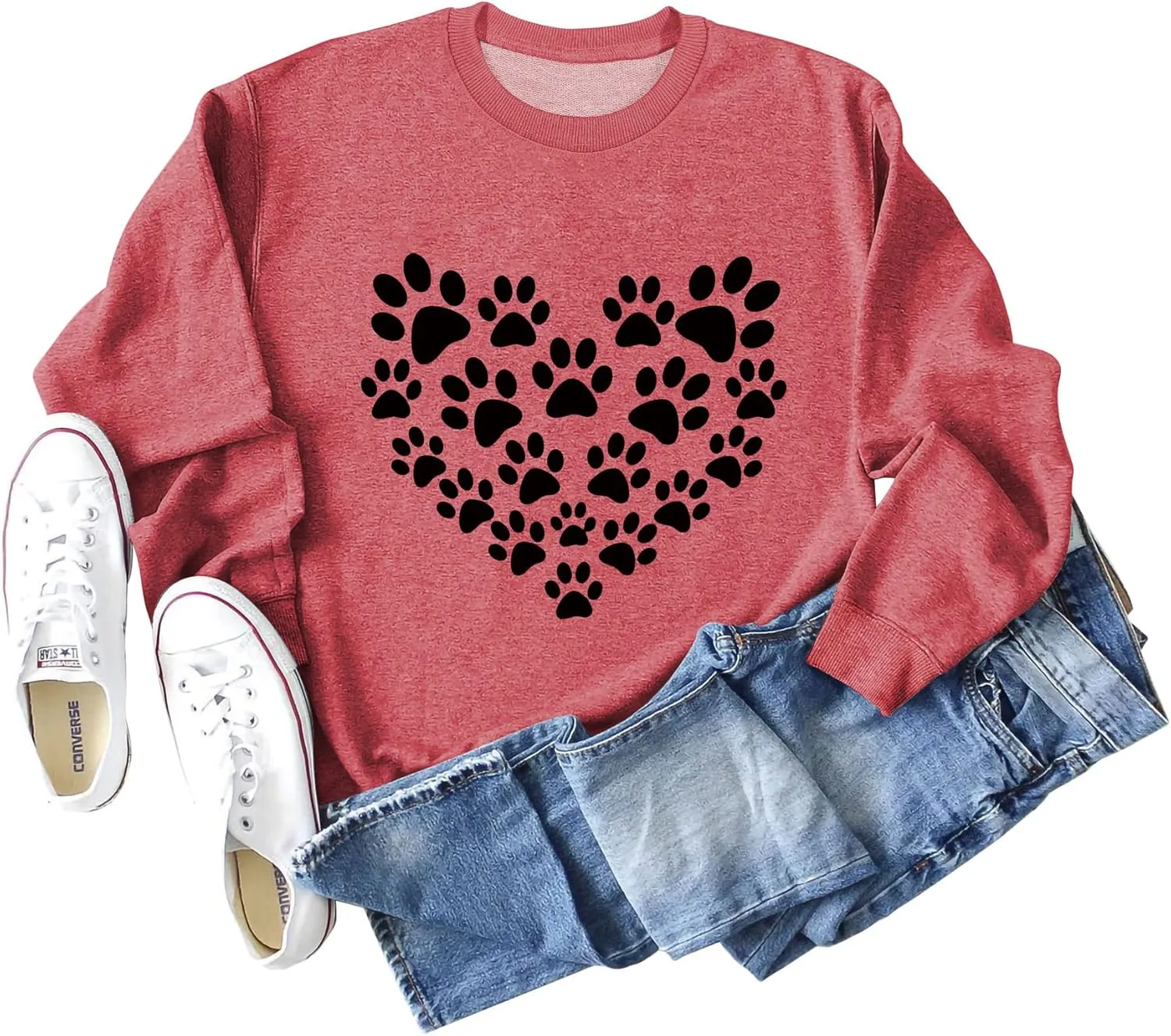 Womens Dog Mom Sweatshirts Cute Dog Paw Print Heart Graphic Long Sleeve Crewneck Casual Tee Tops