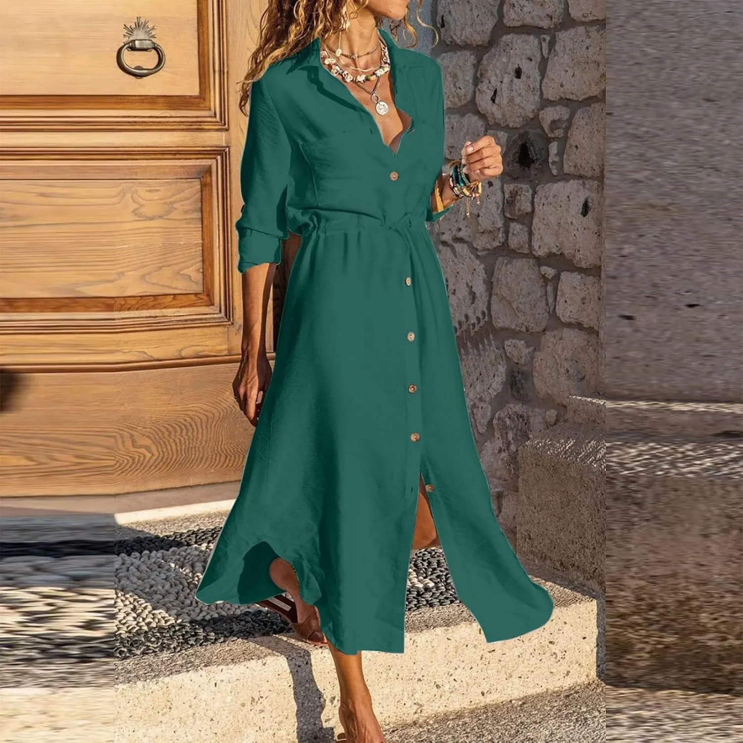 Womens Dress Summer Casual Short Sleeve Button Down Shirt Dresses Beach Cover Up Sundress with Pockets