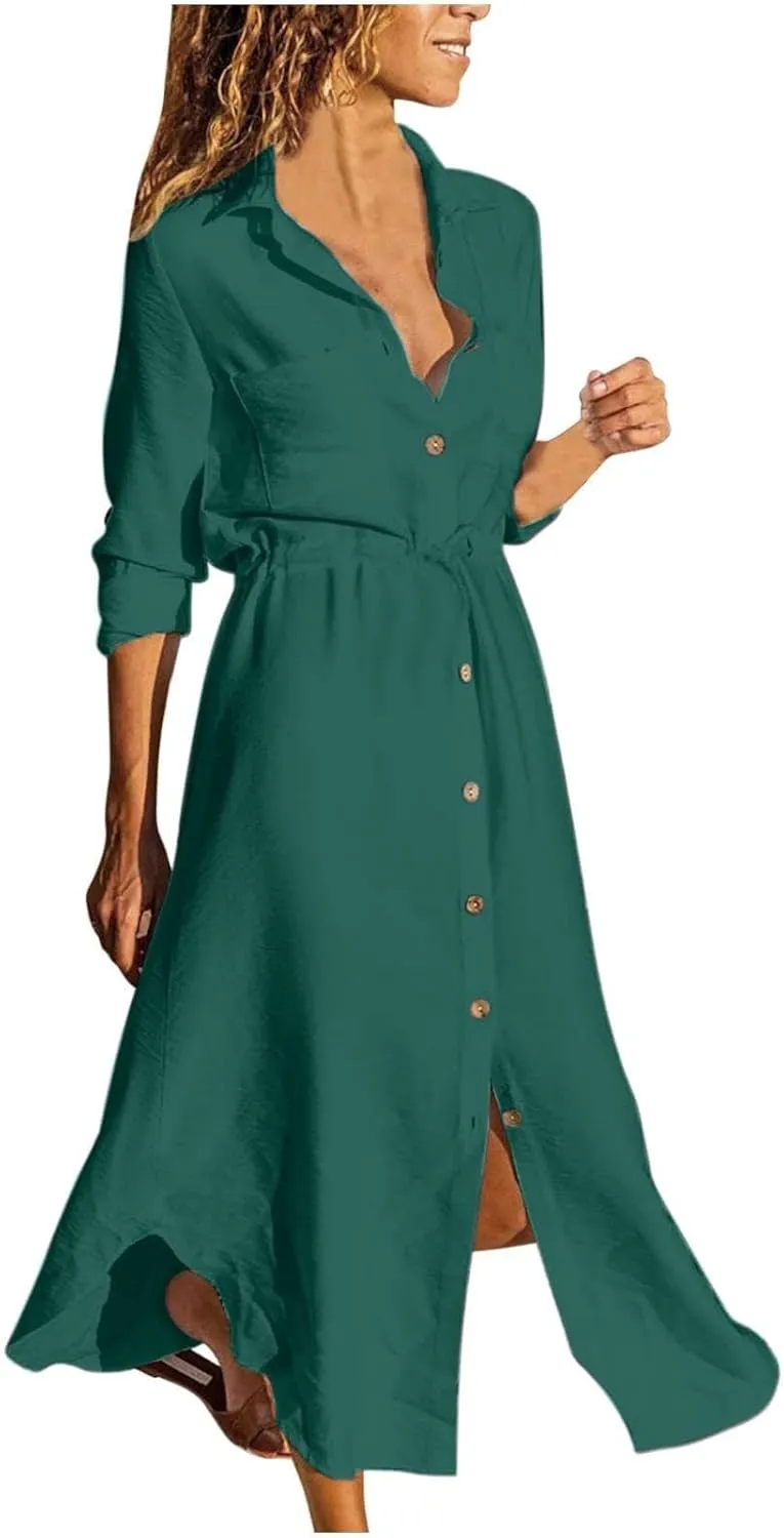 Womens Dress Summer Casual Short Sleeve Button Down Shirt Dresses Beach Cover Up Sundress with Pockets