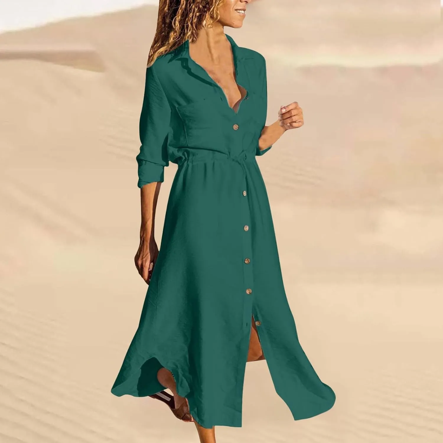 Womens Dress Summer Casual Short Sleeve Button Down Shirt Dresses Beach Cover Up Sundress with Pockets