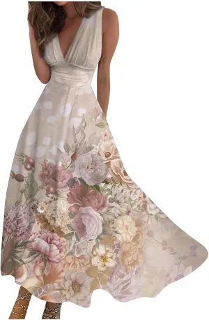 Womens Dresses Floral Print Sleeveless Boho Dress Wrap V Neck Flowy Ruched Beach Dresses Spring Maxi Dress
