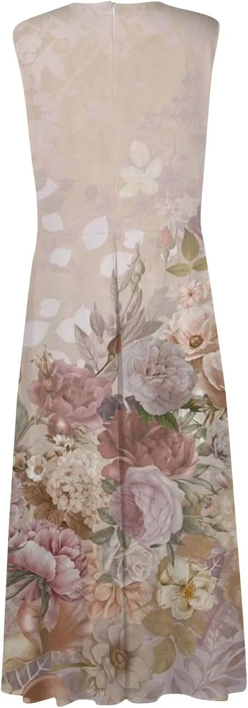 Womens Dresses Floral Print Sleeveless Boho Dress Wrap V Neck Flowy Ruched Beach Dresses Spring Maxi Dress