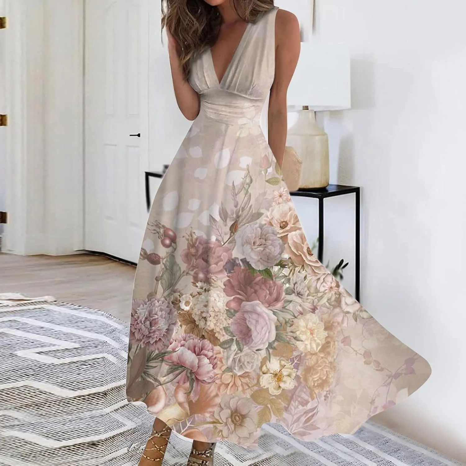Womens Dresses Floral Print Sleeveless Boho Dress Wrap V Neck Flowy Ruched Beach Dresses Spring Maxi Dress