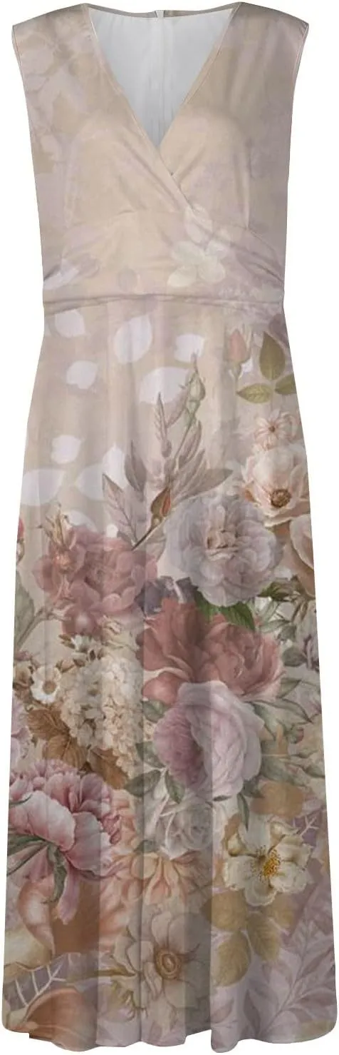 Womens Dresses Floral Print Sleeveless Boho Dress Wrap V Neck Flowy Ruched Beach Dresses Spring Maxi Dress